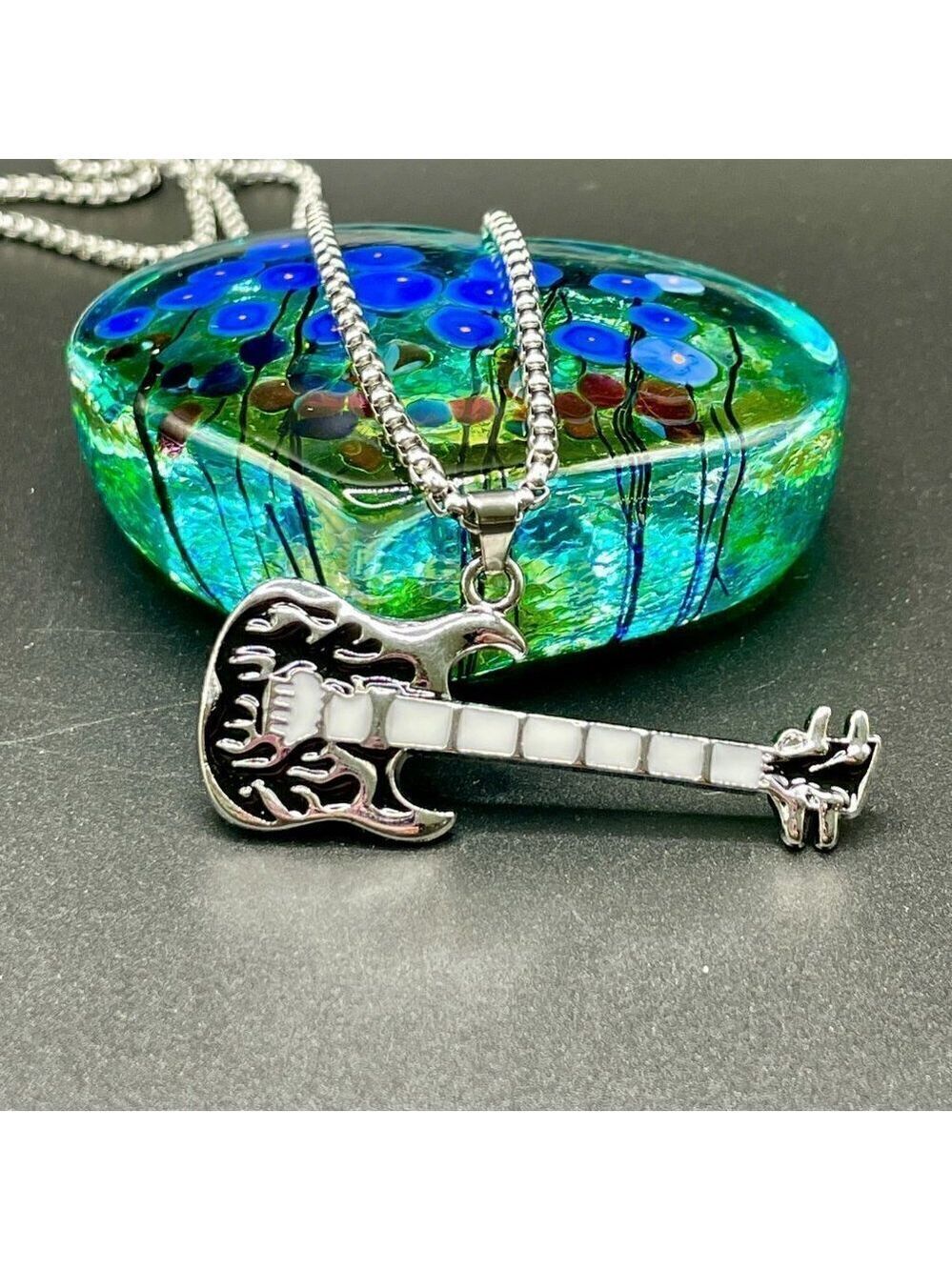 Black Flaming Guitar with White Neck Rocker Necklace and Pendant #1252